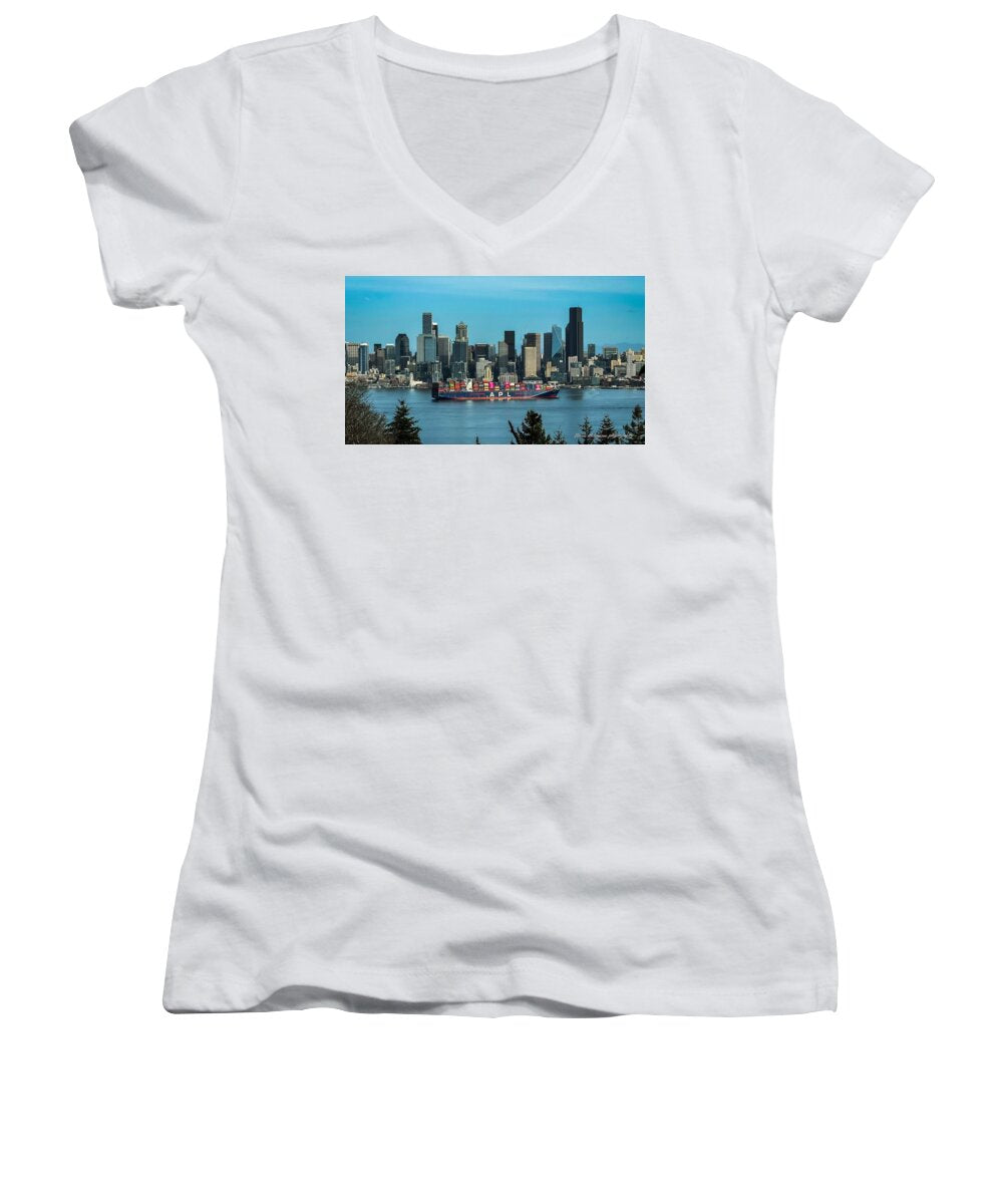 Container ship going into port - Women's V-Neck