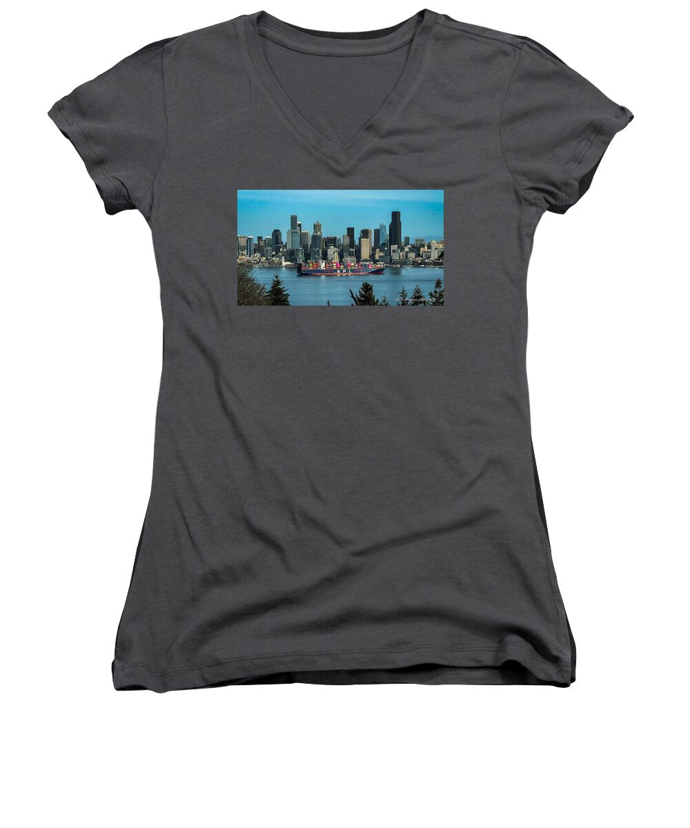 Container ship going into port - Women's V-Neck