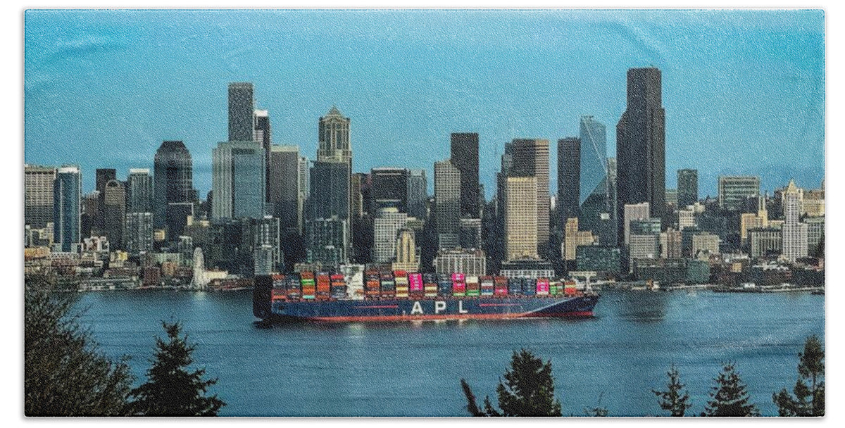 Container ship going into port  - Beach Towel