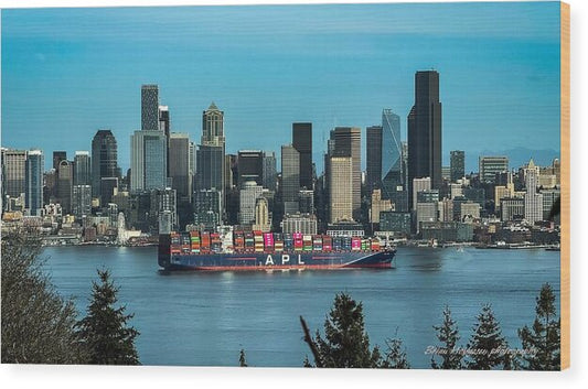 Container ship going into port  - Wood Print