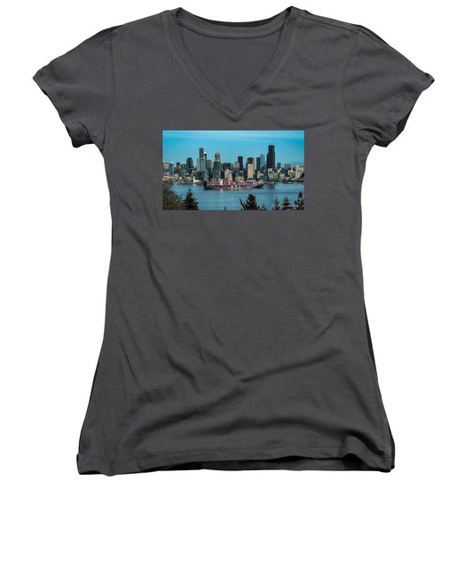 Container ship going into port  - Women's V-Neck