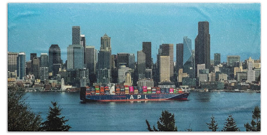 Container ship going into port  - Beach Towel